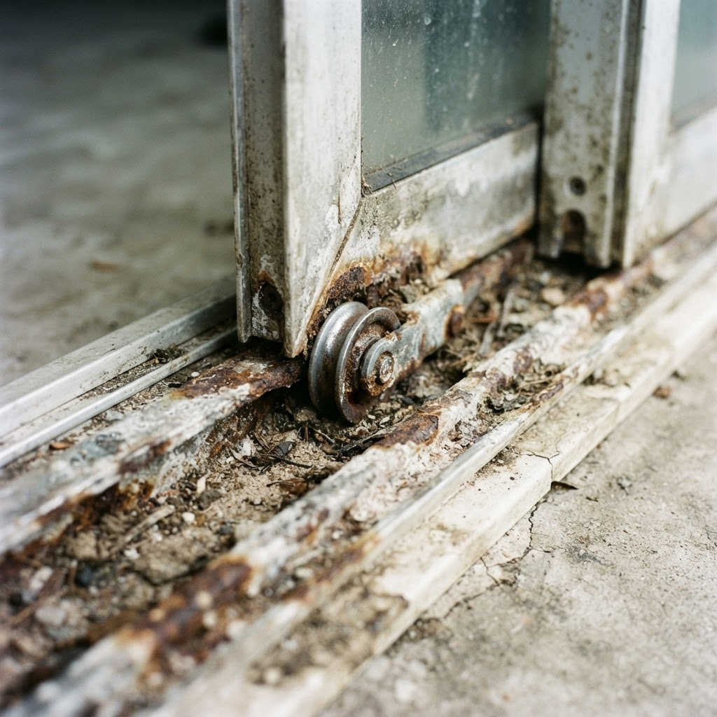 Corroded, damaged sliding door track before repair