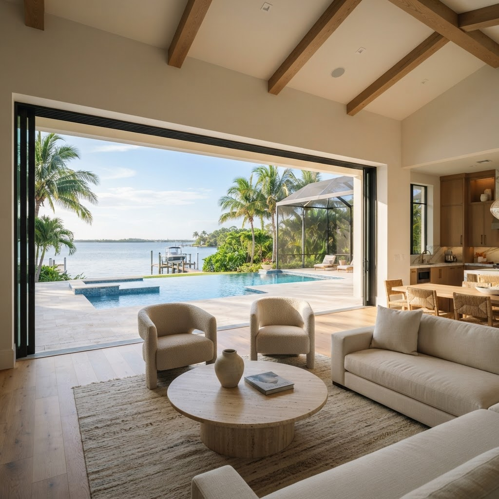Luxury Southwest Florida home with a large sliding glass door open to a pool