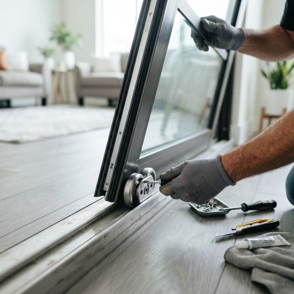 Technician installing a stainless steel roller in a sliding glass door track